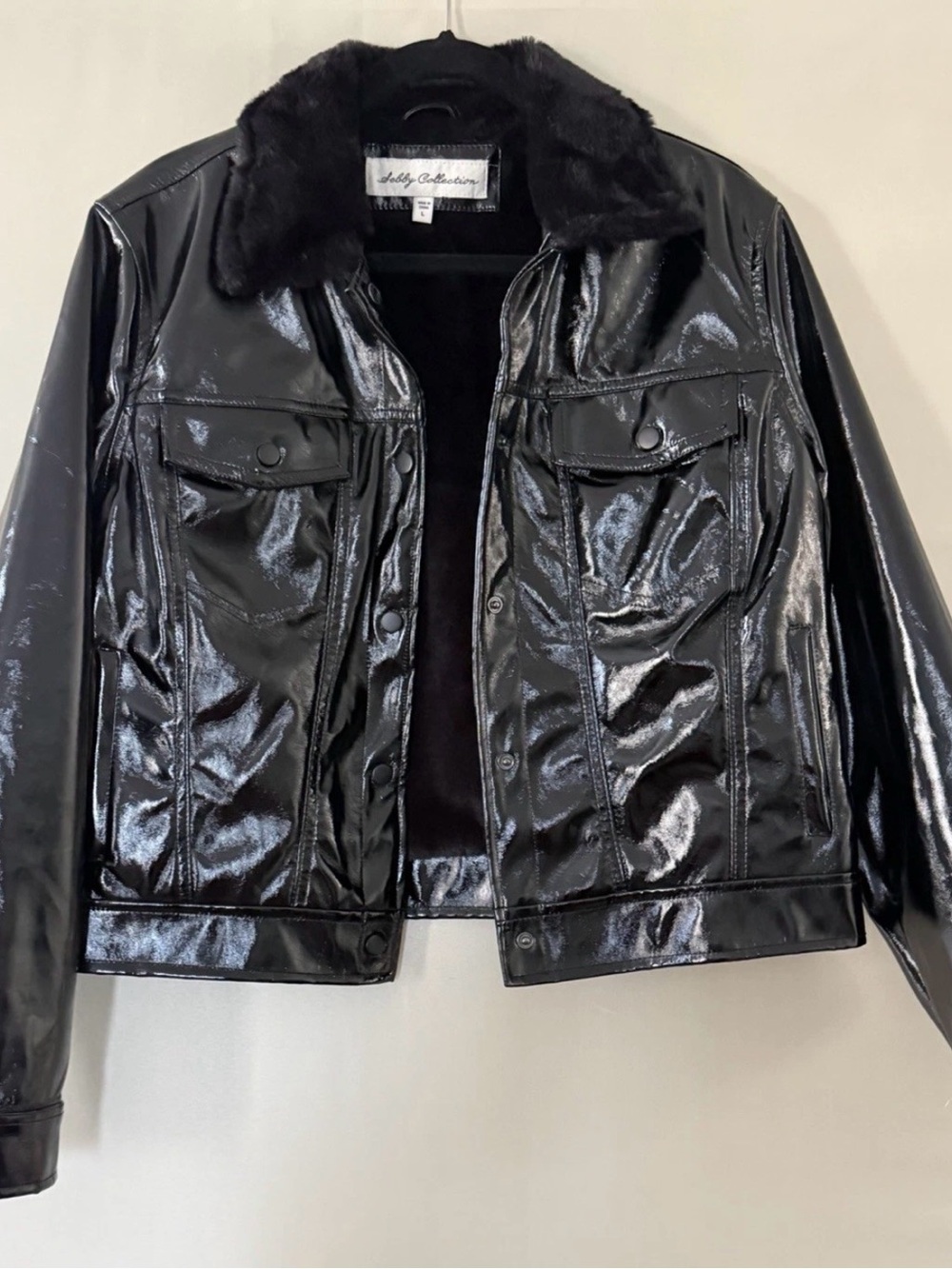 Black Faux Leather Patent Cropped Jacket Glossy Fur Collar Trendy Size L